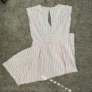V neck open back pink and White striped dress